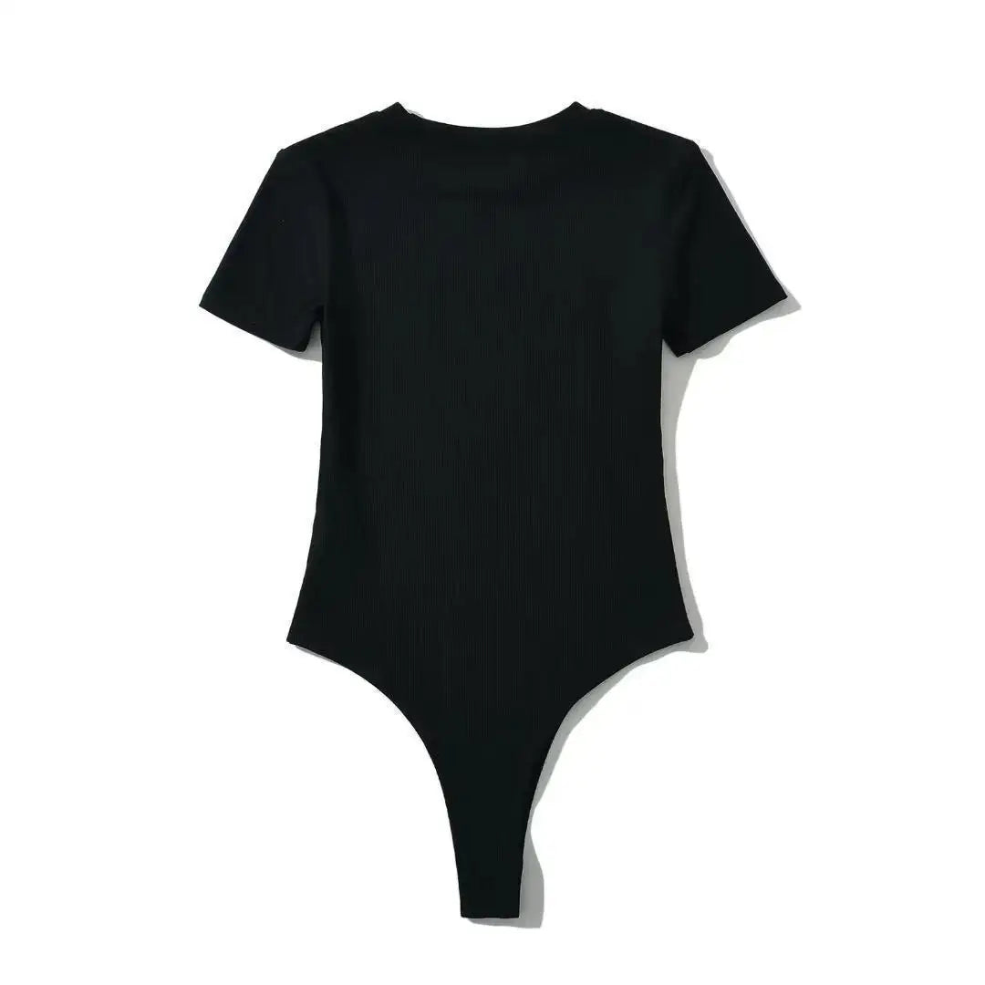Summer Short Sleeve O-neck Knitted Bodysuits Women Stretchable Slim Basic Solid Color Tops