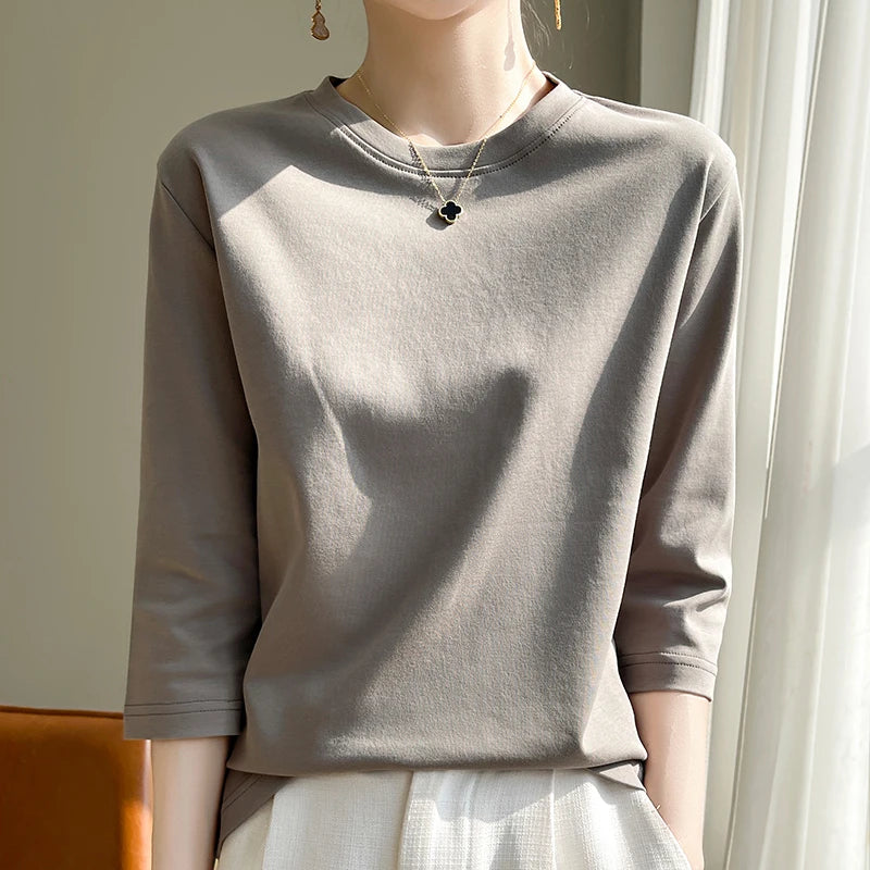 Summer Cotton Short-Sleeved T-Shirt Women's Round Neck Seven-Point Sleeves Loose Mercerized Cotton Half-Sleeve Shirt New T-shirt