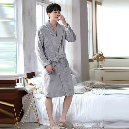 Sleepwear Coral Velvet Bathrobe  Fleece Thickened Flannel Nightwear Long Autumn Winter Cosy Thermal Pajamas Both Men Women