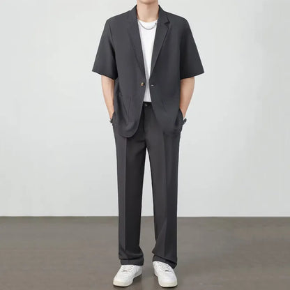 Summer Thin Ice Silk Drapey Suit Set Men's Short Sleeve Jacket Lightweight Casual Single-Breasted Suit Standard Fit Youth Trend