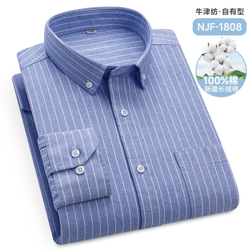 Classic Men's Long Sleeved Check Shirts 100% Oxford Cotton Casual Fashion Soft Plaid Stripe Solid Male Business Slim Fit Blouses