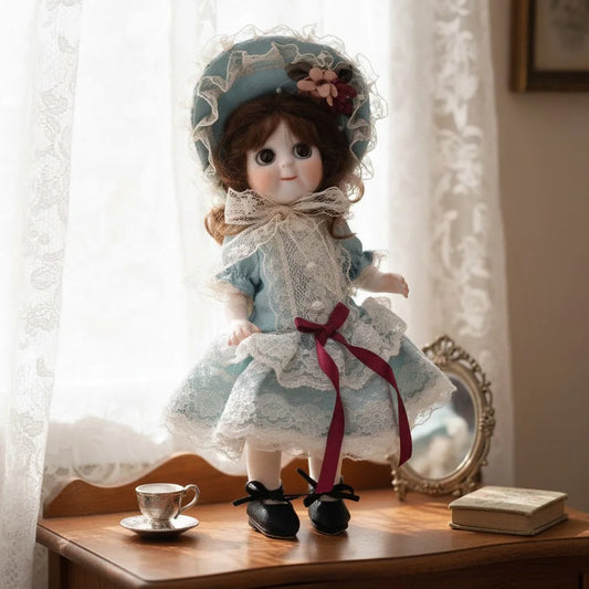 Cloveray 8 inch Movable Joints Vintage Porcelain Doll Delicate Lace Costume Fully Poseable Handmade Ceramic Collectible Gift
