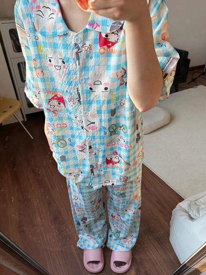 Large Size Pure Cotton Sleepwear Set for Men And Women with Long Sleeves And Pants Cute Cartoon Design for Autumn And Winter