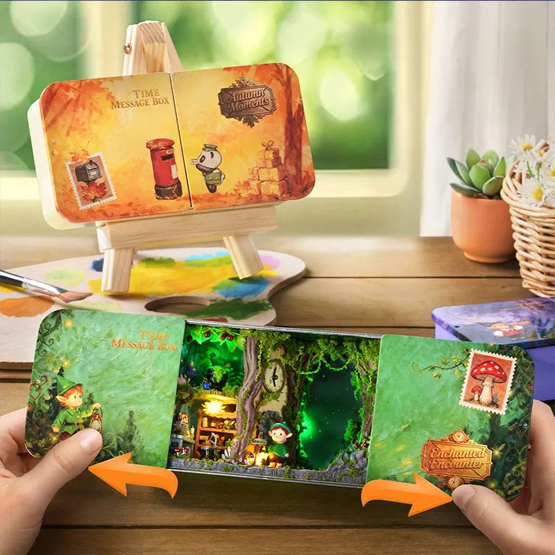 DIY Time Message Box Miniature Dollhouse Kit with LED Light Wooden Assembled Model Handmade Craft Puzzle Toy for Birthday Gifts