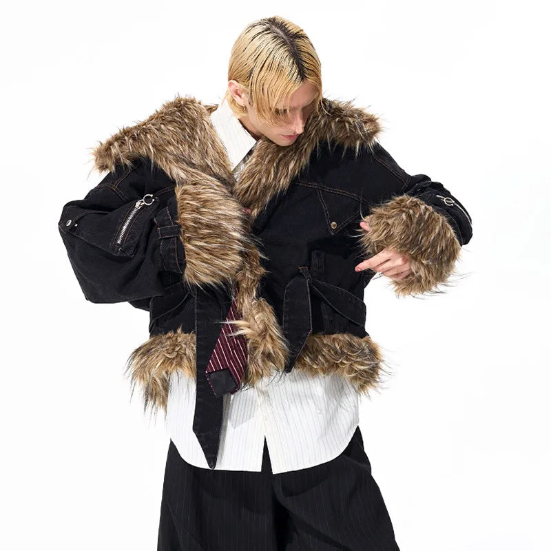 LUZHEN Fashion Personalized Faux Fur Splicing Design Thickened Warm Winter Parka Coat Men's 2025 New Streetwear Clothes JY4867