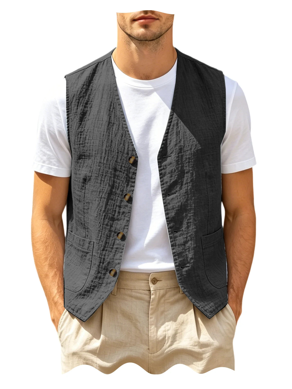 Men's Casual Linen Vest V-Neck Sleeveless Waistcoat Summer Lightweight Breathable Solid Color Button Up Vest For Daily Vacation