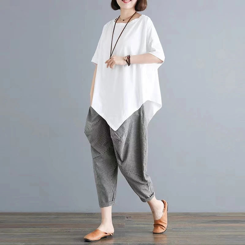 Cotton Blend Loose Fit Casual Women's T-irt And Harlan Pants Set Single Piece Summer Faion Ensemble for plus Size