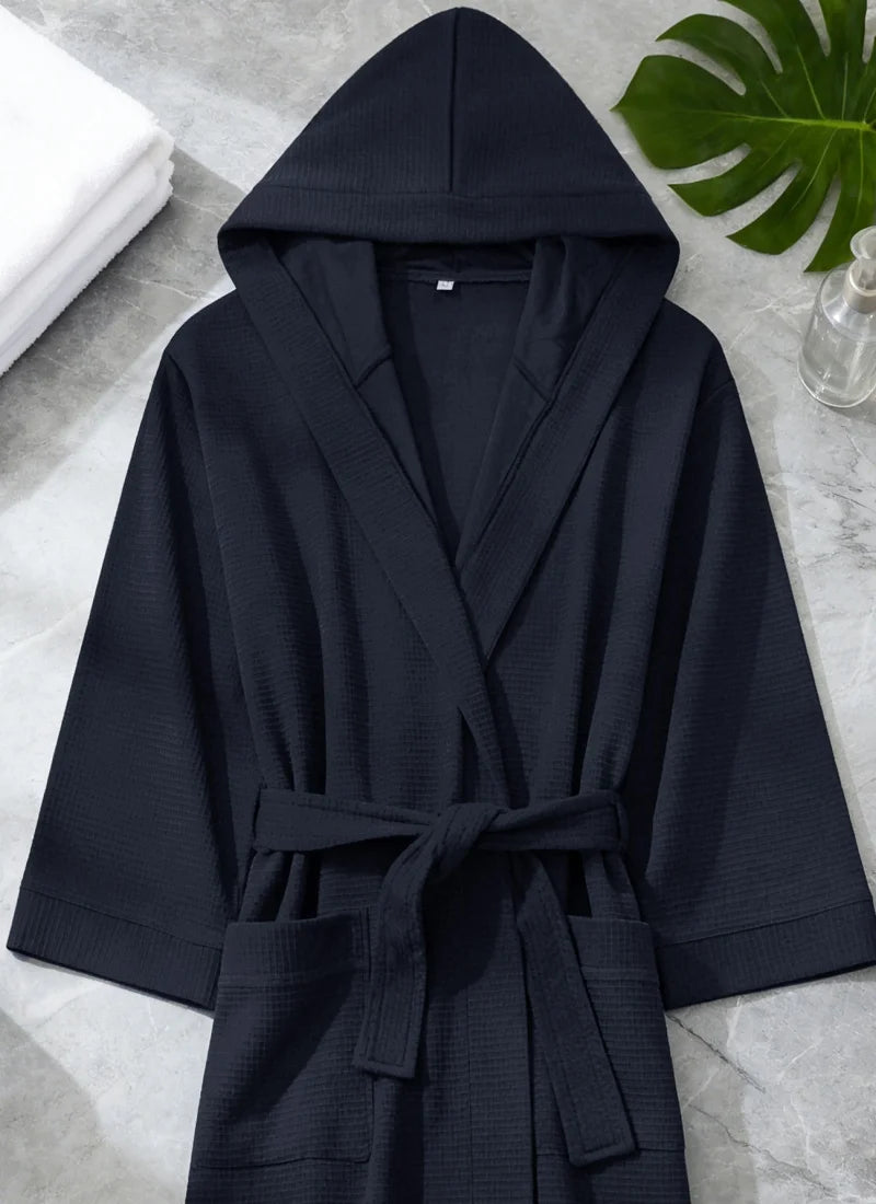 Mens Waffle Knit Hooded Bathrobe Navy Blue Kimono Style with Belt Pockets Soft Lightweight Spa Loungewear for Shower Hotel Home