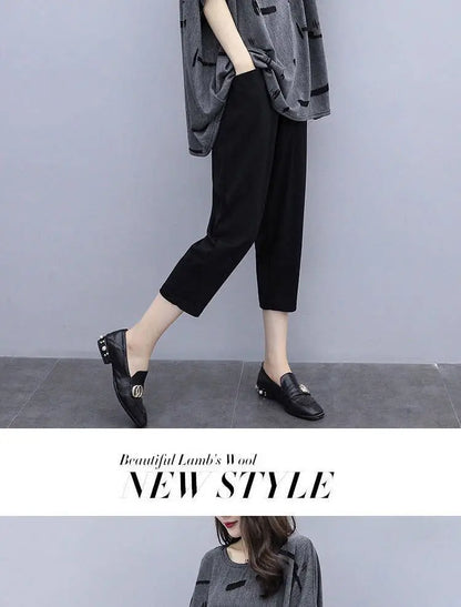 plus Size Summer Outfit Women's Batwing Sleeve Cover Belly Top And Seven Inch Pants Two Piece Set Fashionable plus Size Ensemble