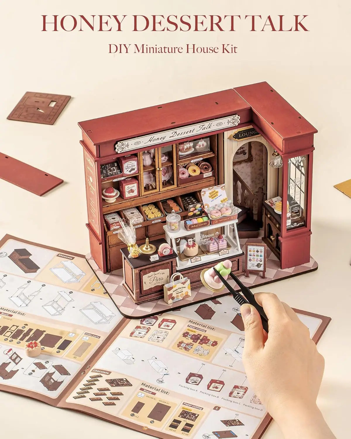 Rolife DIY Miniature House Kit and Furniture Dessert Shop Wooden Dollhouse Model Building Kit Gift for Children Adults