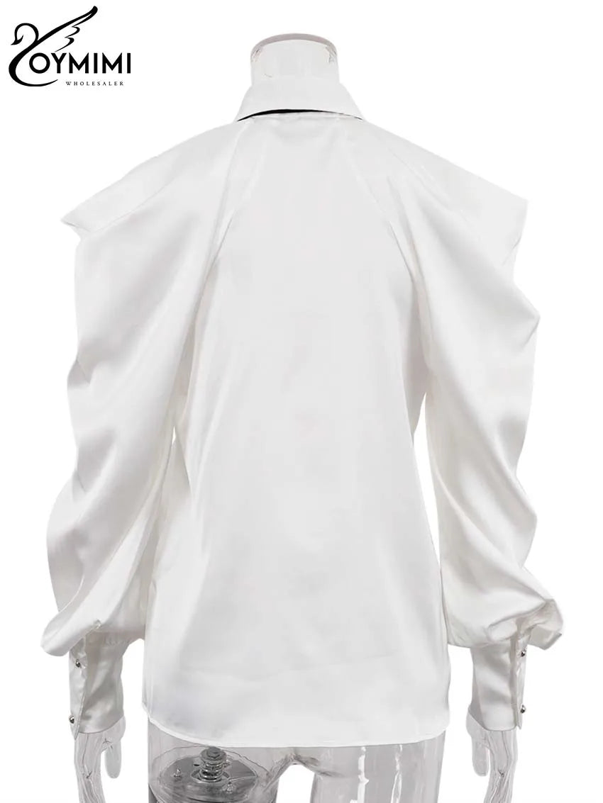 Oymimi Elegant White Patchwork Women's Shirt Fashion Lapel Long Sleeve Shirts Casual Necktie Off The Shoulder Button Blouses