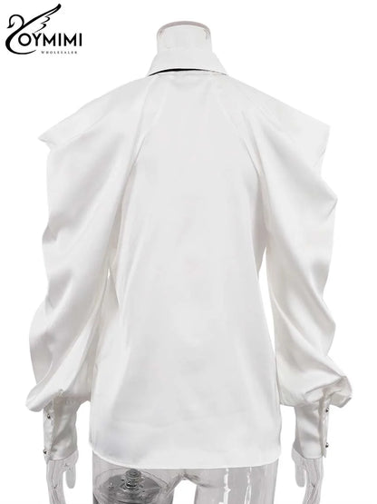 Oymimi Elegant White Patchwork Women's Shirt Fashion Lapel Long Sleeve Shirts Casual Necktie Off The Shoulder Button Blouses