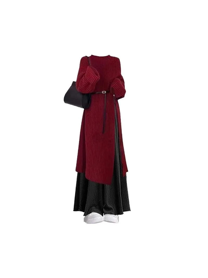 Fall Fashion High Waist Knitted Sweater Long Skirt Wide Leg Pants Two Piece Set Elegant Sweet Style plus Size Women's Suit