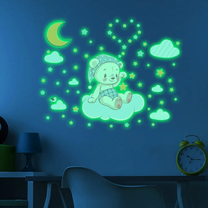 Cartoon Bear Moon Cloud Luminous Wall Sticker Baby Kids Room Bedroom Decoration Wallpaper Glow In The Dark Home Decor Stickers
