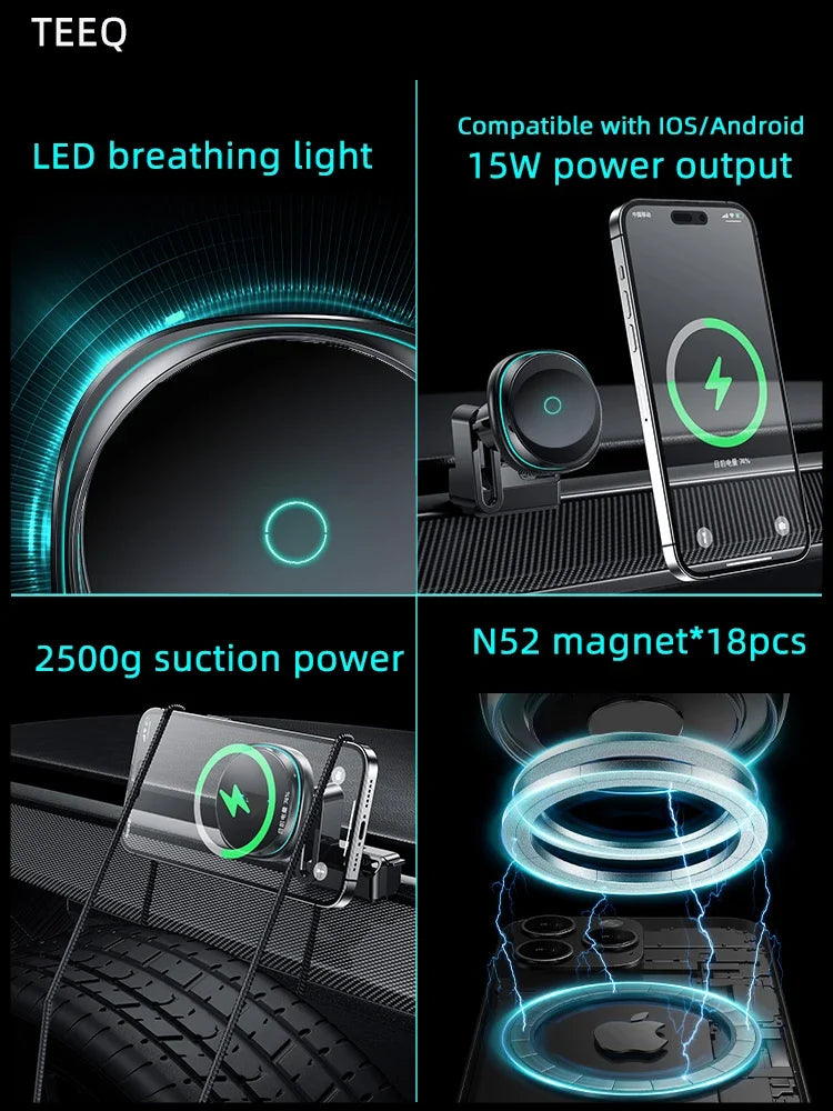 Tesla Model 3/Y: 15W Mag Fast Charge + Airflow Mount, Adjustable/Non-Slip, Nav-Charge Dual, Safe Drive, Luxury Trim
