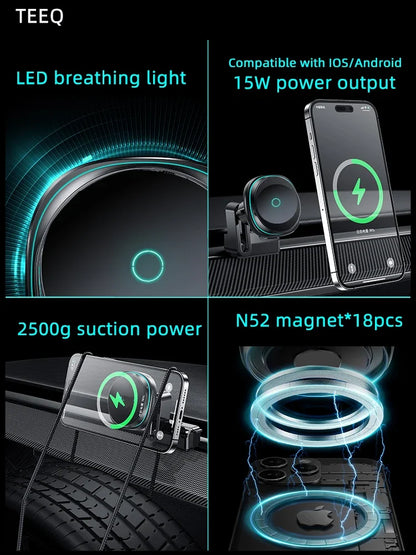 Tesla Model 3/Y: 15W Mag Fast Charge + Airflow Mount, Adjustable/Non-Slip, Nav-Charge Dual, Safe Drive, Luxury Trim