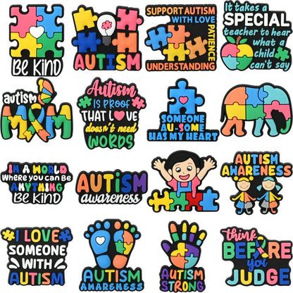 1-16Pcs Be Kind Autism Awareness Love Patience Understanding Pvc Garden Shoe Charms Buckle Kid Cartoon Accessories DIY Backpack