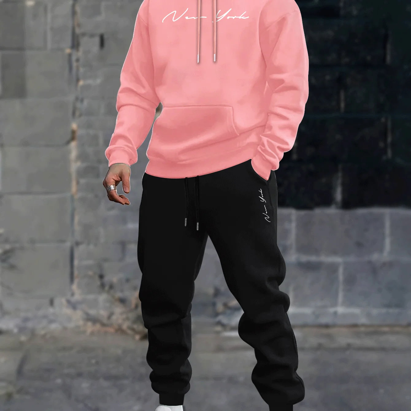 Men's printed hooded sweater and fleece pants set new two-piece winter-spring boyfriend sweatshirt and drawstring casual pants