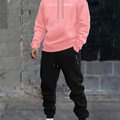 Men's printed hooded sweater and fleece pants set new two-piece winter-spring boyfriend sweatshirt and drawstring casual pants
