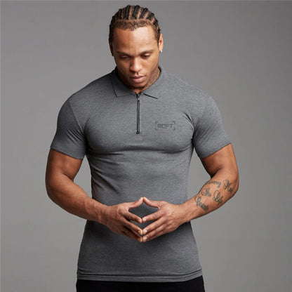 Men Casual Fashion Short Sleeve Slim Fit Zip Collar Cotton Polo Shirts Gym Fitness Summer Breathable Cool Feeling Muscle Shirt