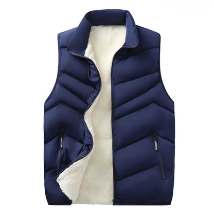 Winter Business Wool Lined Vest Jacket Men Slim Fit Stand Collar Sleeveless Puffer Jackets Autumn Casual Waistcoat Men Warm Coat