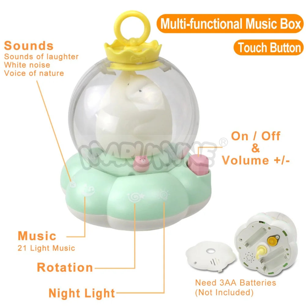 Baby Musical Crib Mobile with Star Projection Night Light White Noise Timing Rotating Bed Rattle Sleep Soother Toys for Newborn