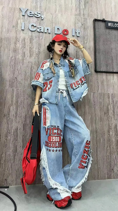 Casual Lace Hollow out Patchwork Summer New Women's Outfit Loose Top with Digital Letter Print Matching Long Pants