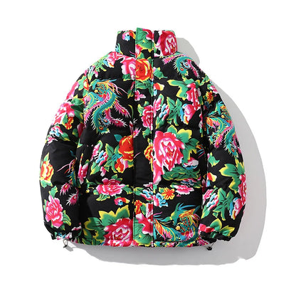 Thickened Long over Knee Hooded Fleece Lined Northeast Big Flower Coat Men's Cotton Jacket Youth Fashion Sport Scene Casual Coat