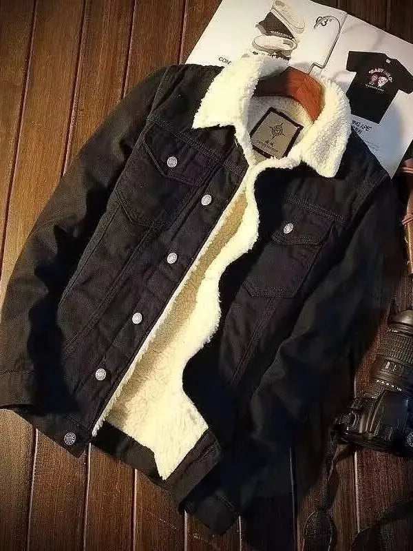 Lamb Velvet Thickened Loose Collar Denim Jacket Men's Autumn Winter Fashionable Workwear Cotton Coat Youthful Energy Style