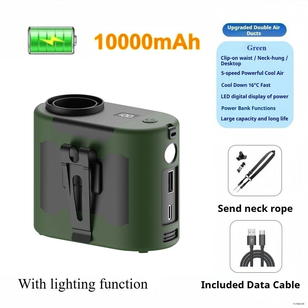 Portable Waist Clip Fan Small USB Charging Hanging Fan with LED Flashlight Outdoor Single/dual Air Outlet Fan 20000/10000Mah