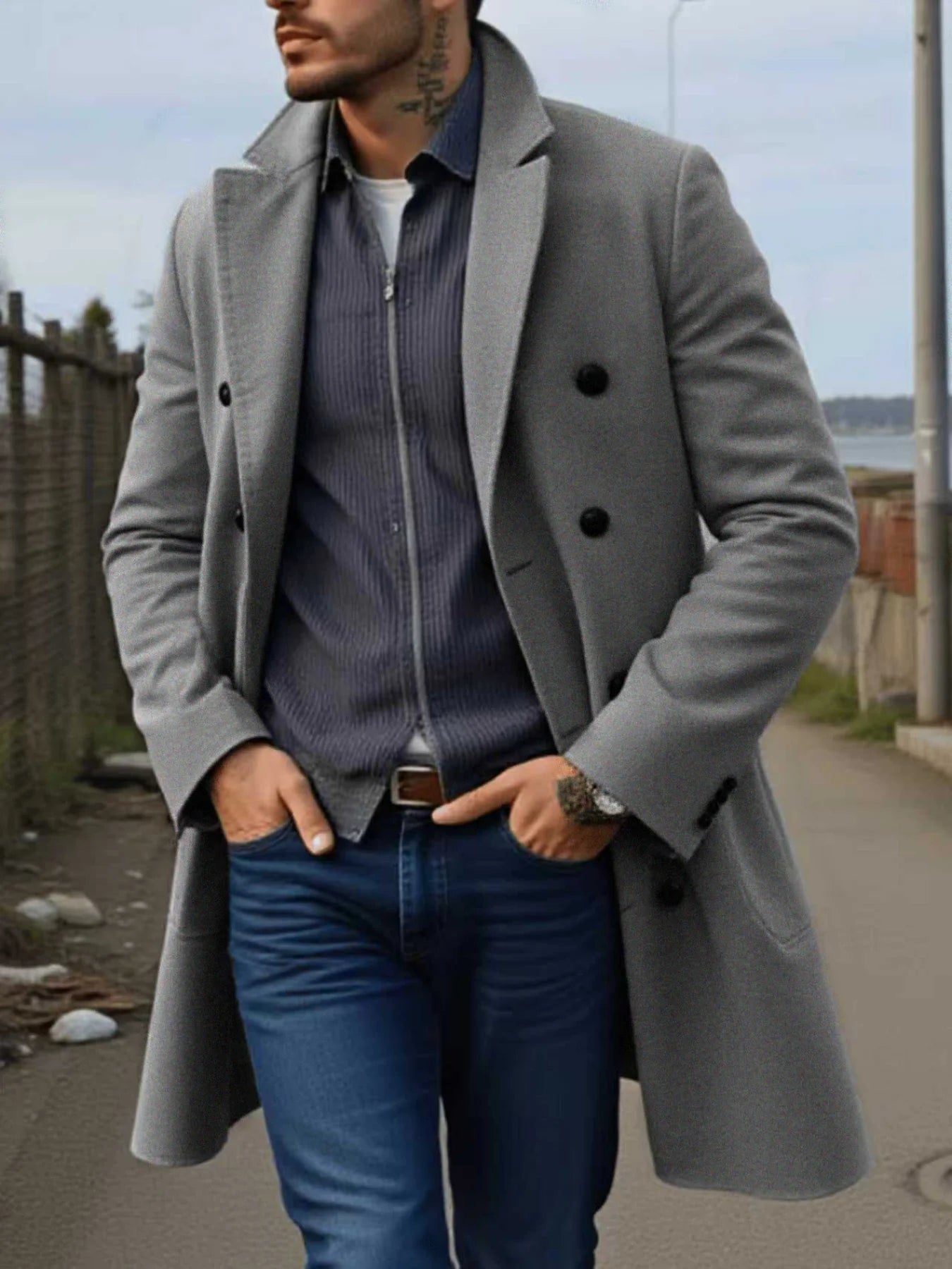 Men's Japanese Style Wool Coat Double-Breasted Thickened & Windproof Notch Lapel Trench for Winter