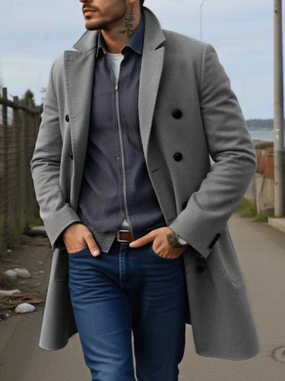 Men's Japanese Style Wool Coat Double-Breasted Thickened & Windproof Notch Lapel Trench for Winter