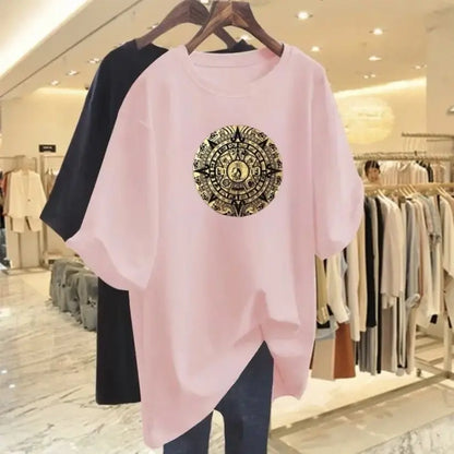 Women Fashion Pure Cotton Y2k Short Sleeve T-shirt Summer Casual Loose Paisley Printing Top Tee Office Lady Basic Pullover M-6XL