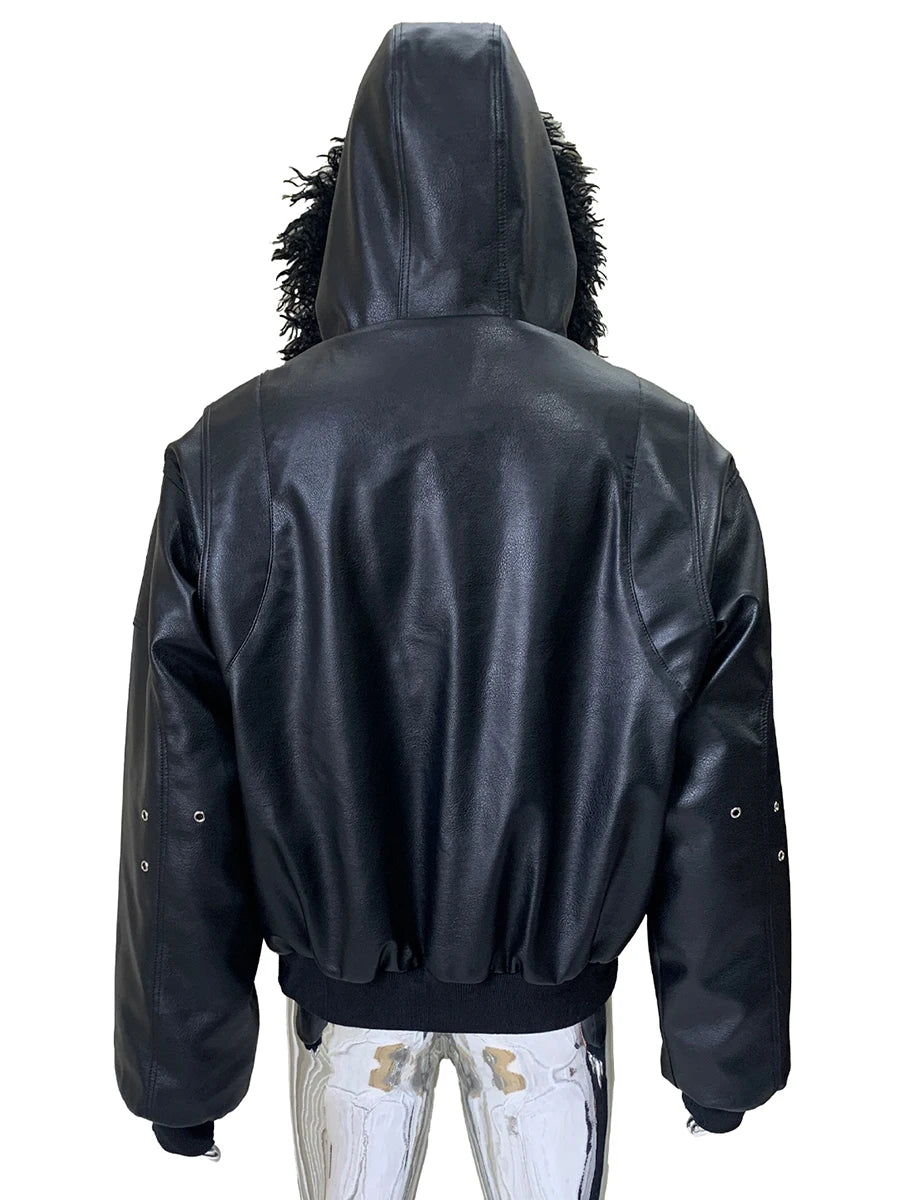 Autumn Winter Cool Short Oversized Thickened Warm Pu Leather Jacket Men with Faux Fur Trim Hood Rivet Luxury Designer Clothes