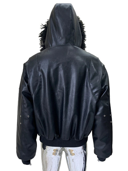 Autumn Winter Cool Short Oversized Thickened Warm Pu Leather Jacket Men with Faux Fur Trim Hood Rivet Luxury Designer Clothes