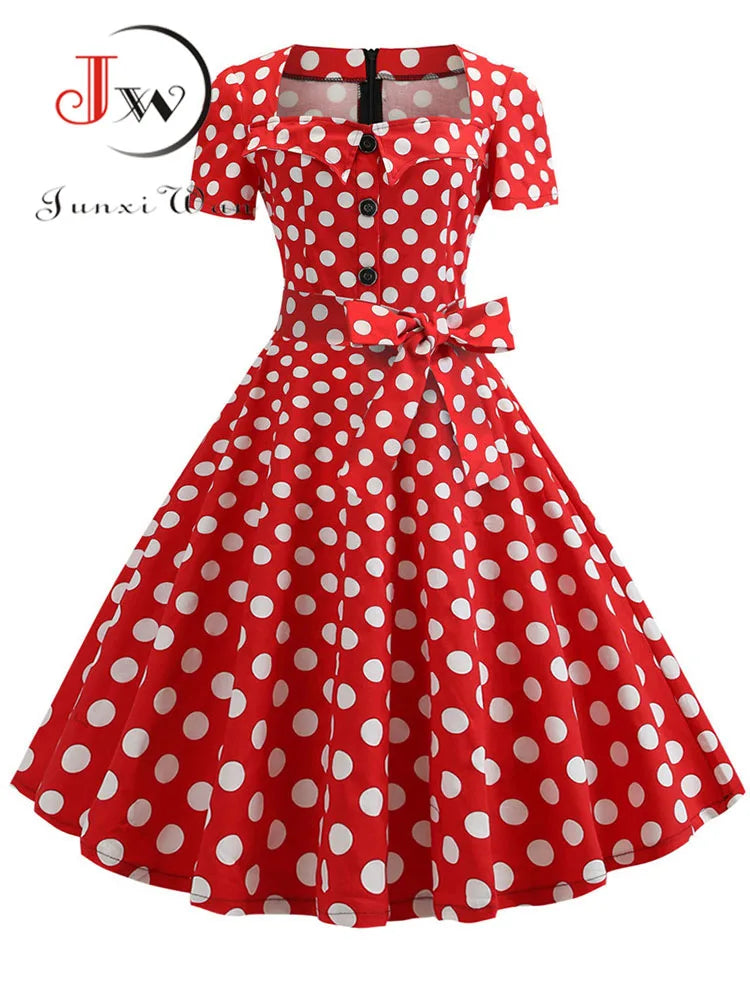 Women's Polka Dot Summer Midi Dress Square Collar Short Sleeve Elegant Vintage Casual Party Holiday Wear