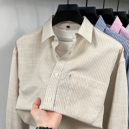 Men's Cotton-Linen Long-sleeved Striped Shirt | Notch Collar Design | Casual To Business Casual Wear Daily Commute