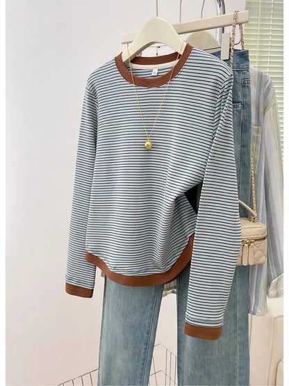 Spring New Style Color Block Long Sleeve round Neck Base Shirt Women's Retro Striped T-Shirt Asymmetrical Hemline Casual Cotton