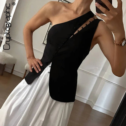 Cryptographic Elegant Asymmetrical Top with Hook and Eye Fashion Sexy Cut Out Backless Split Tops Slim Vest Summer Clothes