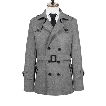 Gray Autumn Winter Men's Woolen Coat Jacket Mid-Length Double-Breasted with Belt British Style Large Size Windbreaker