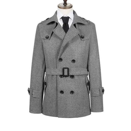 Gray Autumn Winter Men's Woolen Coat Jacket Mid-Length Double-Breasted with Belt British Style Large Size Windbreaker