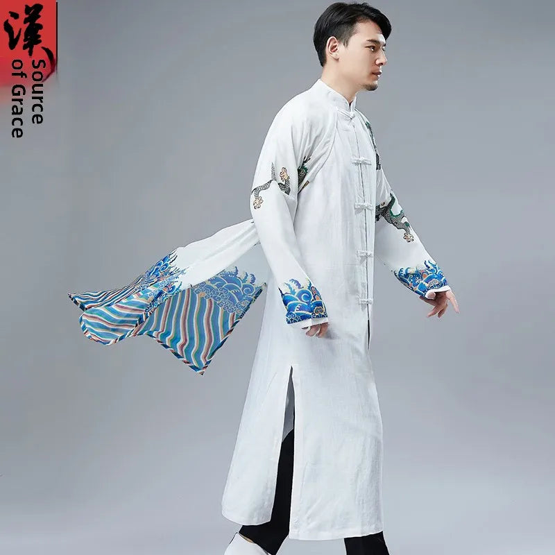 Retro Chinese Sle Youth Men's Long irt Fake Two-Piece Silk Printed Cotton Linen Hanfu Tang Costume Robe Summer Casual Wear
