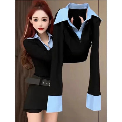 Spring Autumn 2026 Women's Slim Fit V Neck Bell Sleeve Shirt Color Block Waist Cinched False Two Piece Style Fashionable Offi...