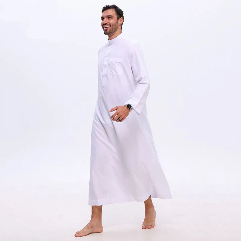 Islamic Men's Clothing White Long Sleeve Loose Muslim Long Robe Man Abaya Arab Kaftan Button Stand Collar Thobe Jubba