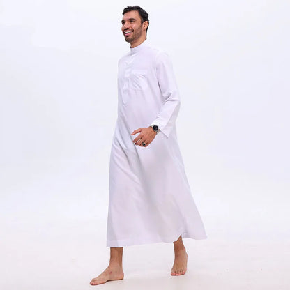 Islamic Men's Clothing White Long Sleeve Loose Muslim Long Robe Man Abaya Arab Kaftan Button Stand Collar Thobe Jubba
