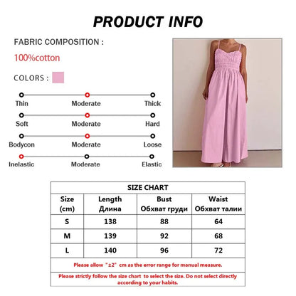Oymimi Fashion Pink Cotton Women's Dress Elegant Spaghetti Strap Open Back Solid Dresses Casual High Waist Ankle-Length Dresses
