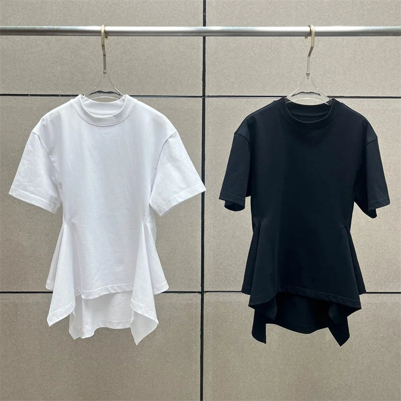 Women's t-shirt New elastic knitted round neck pullover for summer 2026 cotton short sleeved top Waist cinching slim fit corset