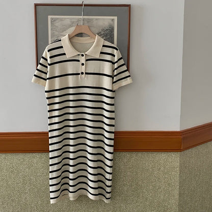 new Korean striped dress for women's summer, pure cotton straight tube mid length skirt
