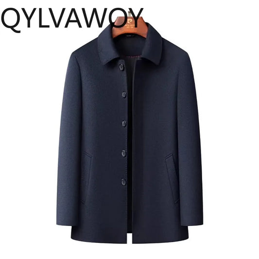 QYLVAWOY 100%Real Sheep Wool Man Jacket High Quality Spring Autumn Jackets Lapel Coat Mid-Length Clothes for Man Business Casual