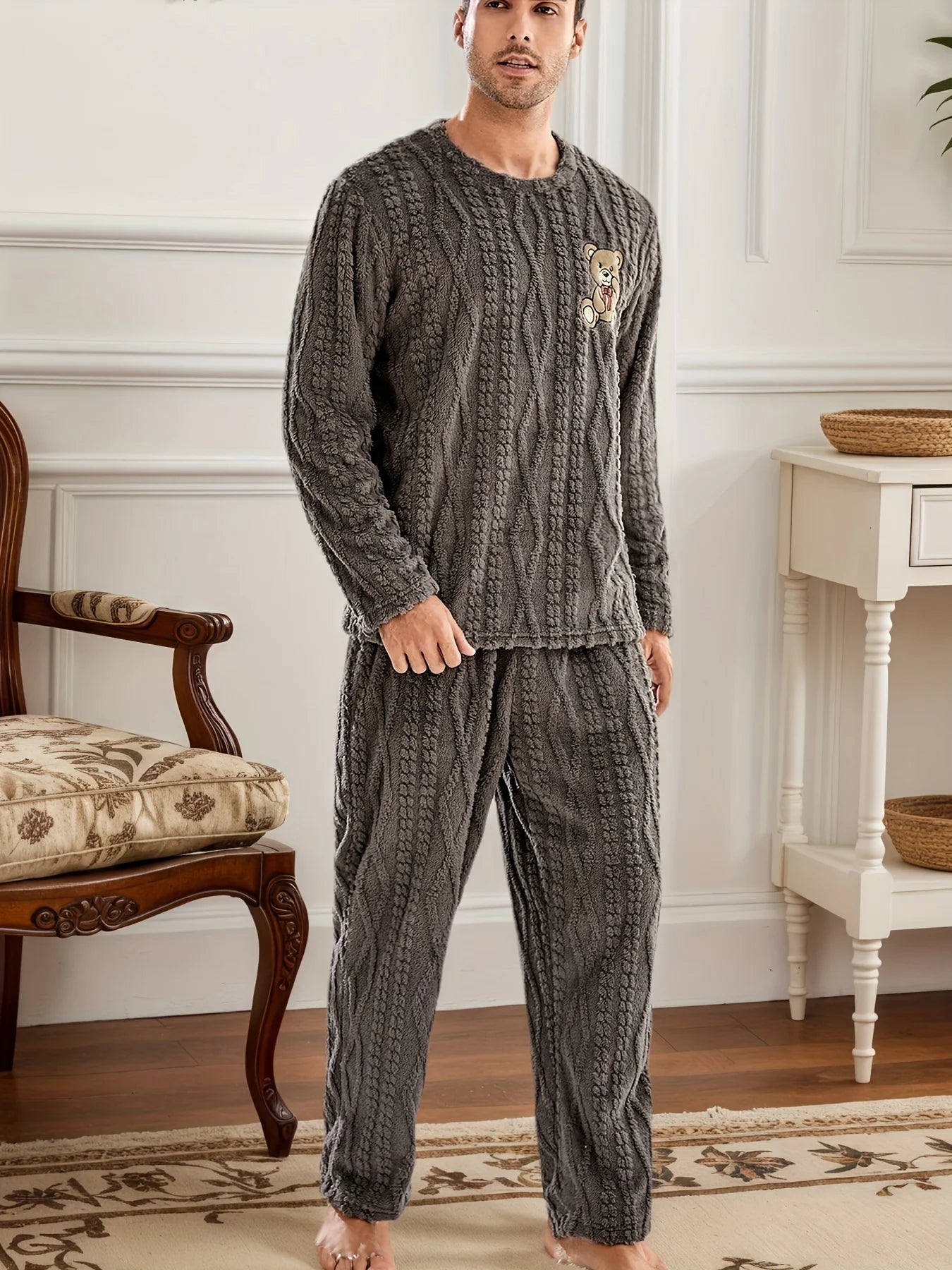 Autumn Season Men'S Long Retro Print Pajama Set, Perfect for Fall/Winter Casual Long Sleeve Button-Up Pajama Sets Nightwear Pjs
